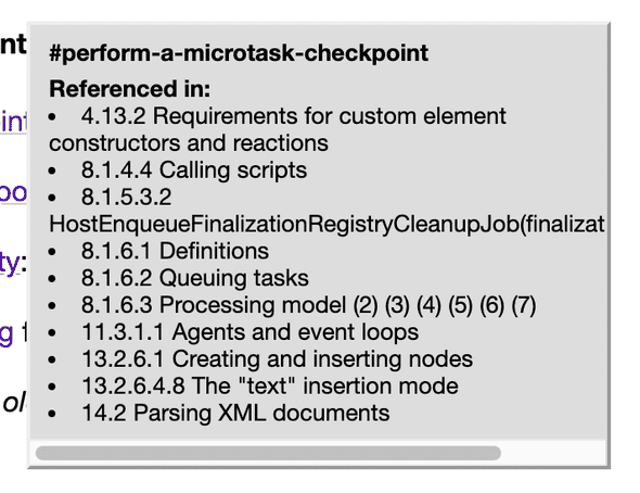規範中有引用到 perform a microtask checkpoint 關鍵字的段落。圖擷自 [WHATWG 規範文件](https://html.spec.whatwg.org/multipage/webappapis.html#perform-a-microtask-checkpoint)